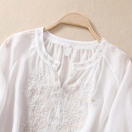 Ladies Fashion Leisure Spring Summer Literary Retro Loose Design Sense Embroidery Round Neck Thin Cotton T